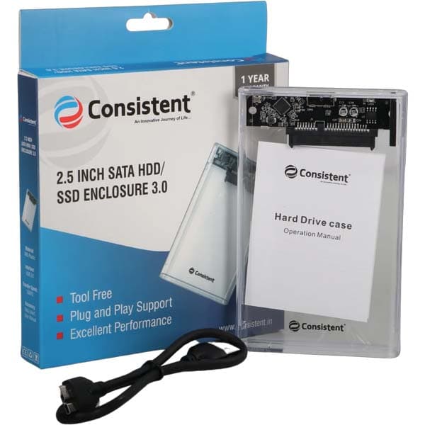 Consistent 2.5ich SATA HDD/ SSD Enclosure 3.0 Transparent Enclosure, Portable External Hard Disk Enclosure 7 MM and 9.5 MM Tool Free , Supports.